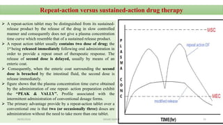 Repeat-action versus sustained-action drug therapy
 A repeat-action tablet may be distinguished from its sustained-
release product by the release of the drug in slow controlled
manner and consequently does not give a plasma concentration
time curve which resemble that of a sustained release product.
 A repeat action tablet usually contains two dose of drug; the
1st being released immediately following oral administration in
order to provide a repeat onset of therapeutic response. The
release of second dose is delayed, usually by means of an
enteric coat.
 Consequently, when the enteric coat surrounding the second
dose is breached by the intestinal fluid, the second dose is
release immediately.
 figure shows that the plasma concentration time curve obtained
by the administration of one repeat- action preparation exhibit
the “PEAK & VALLY”. Profile associated with the
intermittent administration of conventional dosage forms.
 The primary advantage provide by a repeat-action tablet over a
conventional one is that two (or occasionally three) doses are
administration without the need to take more than one tablet.
28/05/2016 15SAGAR SAVALE
 