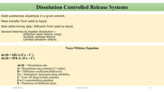 Dissolution Controlled Release Systems
Solid substances solubilizes in a given solvent.
Mass transfer from solid to liquid.
Rate determining step: Diffusion from solid to liquid.
Several theories to explain dissolution –
Diffusion layer theory (imp)
Surface renewal theory
Limited solvation theory.
Noyes Whitney Equation
dc/dt = kD.A (Cs – C )
dc/dt = D/h A. (Cs – C)
dc/dt = Dissolution rate.
k= Dissolution rate constant (1st order).
D = Diffusion coefficient/diffusivity
Cs = Saturation/ maximum drug solubility.
C =Con. Of drug in bulk solution.
Cs-C=concentration gradient.
h =Thickness of diffusion layer.
28/05/2016 35SAGAR SAVALE
 