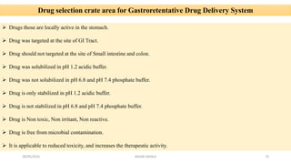 Drug selection crate area for Gastroretentative Drug Delivery System
 Drugs those are locally active in the stomach.
 Drug was targeted at the site of GI Tract.
 Drug should not targeted at the site of Small intestine and colon.
 Drug was solubilized in pH 1.2 acidic buffer.
 Drug was not solubilized in pH 6.8 and pH 7.4 phosphate buffer.
 Drug is only stabilized in pH 1.2 acidic buffer.
 Drug is not stabilized in pH 6.8 and pH 7.4 phosphate buffer.
 Drug is Non toxic, Non irritant, Non reactive.
 Drug is free from microbial contamination.
 It is applicable to reduced toxicity, and increases the therapeutic activity.
28/05/2016 73SAGAR SAVALE
 