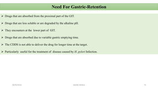 Need For Gastric-Retention
 Drugs that are absorbed from the proximal part of the GIT.
 Drugs that are less soluble or are degraded by the alkaline pH.
 They encounters at the lower part of GIT.
 Drugs that are absorbed due to variable gastric emptying time.
 The CDDS is not able to deliver the drug for longer time at the target.
 Particularly useful for the treatment of disease caused by H. pylori Infection.
28/05/2016 74SAGAR SAVALE
 
