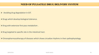 28/05/2016 SAGAR SAVALE 96
NEED OF PULSATILE DRUG DELIVERY SYSTEM
 Avoiding drug degradation in GIT.
Drugs which develop biological tolerance.
Drug with extensive first pass metabolism .
Drug targeted to specific site in the intestinal tract.
Chronopharmacotherapy of diseases which shows circadian rhythms in their pathophysiology.
 
