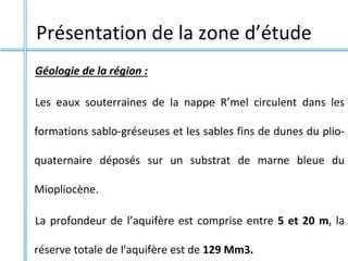 Présentation de la zone d’étude
Géologie de la région :
Les eaux souterraines de la nappe R’mel circulent dans les
formations sablo-gréseuses et les sables fins de dunes du plio-
quaternaire déposés sur un substrat de marne bleue du
Miopliocène.
La profondeur de l’aquifère est comprise entre 5 et 20 m, la
réserve totale de l'aquifère est de 129 Mm3.
 