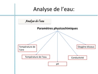 Analyse de l’eau:
Paramètres physicochimiques
Température de
l’aire
Température de l’eau
pH
Conductivité
Oxygène dissous
Analyse de l’eau
 