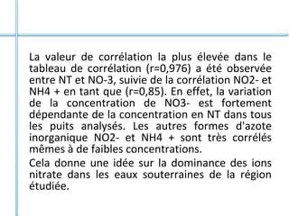 La valeur de corrélation la plus élevée dans le
tableau de corrélation (r=0,976) a été observée
entre NT et NO-3, suivie de la corrélation NO2- et
NH4 + en tant que (r=0,85). En effet, la variation
de la concentration de NO3- est fortement
dépendante de la concentration en NT dans tous
les puits analysés. Les autres formes d'azote
inorganique NO2- et NH4 + sont très corrélés
mêmes à de faibles concentrations.
Cela donne une idée sur la dominance des ions
nitrate dans les eaux souterraines de la région
étudiée.
 