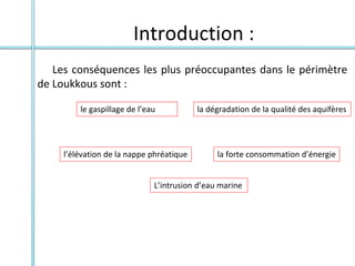 Introduction :
Les conséquences les plus préoccupantes dans le périmètre
de Loukkous sont :
le gaspillage de l’eau
l’élévation de la nappe phréatique
la dégradation de la qualité des aquifères
la forte consommation d’énergie
L’intrusion d’eau marine
 