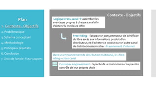 Contexte - Objectifs
Plan
1. Contexte - Objectifs
2. Problématique
3. Schéma conceptuel
4. Méthodologie
5. Principaux résultats
6. Conclusion
7. Choix de l’article–Futurs apports
Logique cross-canal  assembler les
avantages propres à chaque canal afin
d’obtenir la meilleure offre
Free-riding : fait pour un consommateur de bénéficier
du libre accès aux informations produit d’un
distributeur, et d’acheter ce produit sur un autre canal
de distribution moins cher  avènement d’internet
Dans un environnement de distribution multicanal, le « free-
riding » cross-canal
Customer empowerment : capacité des consommateurs à prendre
contrôle de leur propres choix
 