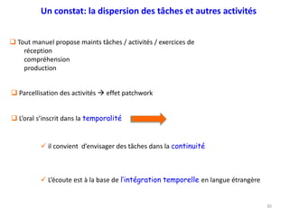 30
Un constat: la dispersion des tâches et autres activités
 Tout manuel propose maints tâches / activités / exercices de
réception
compréhension
production
 Parcellisation des activités  effet patchwork
 L’oral s’inscrit dans la temporalité
 il convient d’envisager des tâches dans la continuité
 L’écoute est à la base de l’intégration temporelle en langue étrangère
 