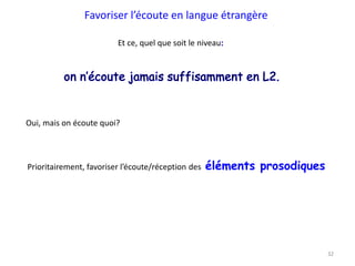 32
Favoriser l’écoute en langue étrangère
Et ce, quel que soit le niveau
Prioritairement, favoriser l’écoute/réception des éléments prosodiques
Oui, mais on écoute quoi?
 