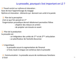 36
 Travail centré sur rythme et intonation :
base de tout l’apprentissage du langage
Rythme et intonation : éléments qui donnent son unité à la parole
 Plan de la perception
c’est ce que l’on perçoit en 1er
l’organisation prosodique devrait idéalement permettre l’élève
- d’opérer des retours en arrière
- de projeter son écoute en avant
 Plan de la production
la prosodie est
- un intégrateur des unités de 1ère et de 2ème articulation
- un planificateur de l’activité discursive
 Linguistique:
- la prosodie assure la segmentation de l’énoncé
- à l’oral, toute la langue est contenue dans la prosodie
 Communication : la prosodie assure de nombreuses fonctions
à l’oral
La prosodie, pourquoi c’est important en L2 ?
 