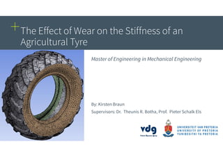 +
Master of Engineering in Mechanical Engineering
By: Kirsten Braun
Supervisors: Dr. Theunis R. Botha, Prof. Pieter Schalk Els
The Effect of Wear on the Stiffness of an
Agricultural Tyre
 