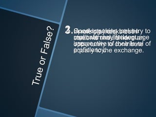 2.Good speaking tasks try to 
1.Speaking tasks can be 
3.In role play tasks both 
replicate real life language 
use. 
used with any student 
irrespective of their level of 
proficiency. 
students should have an 
opportunity to contribute 
equally to the exchange. 
 