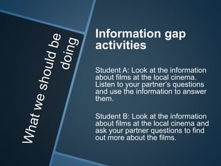 Information gap 
activities 
Student A: Look at the information 
about films at the local cinema. 
Listen to your partner’s questions 
and use the information to answer 
them. 
Student B: Look at the information 
about films at the local cinema and 
ask your partner questions to find 
out more about the films. 
 