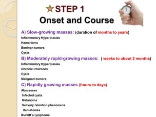 STEP 1
Onset and Course
A) Slow-growing masses: (duration of months to years)
Inflammatory Hyperplasias
Hamartoms
Beningn tumors
Cysts
B) Moderately rapid-growing masses: ( weeks to about 2 months)
Inflammatory Hyperplasias
Chronic infactions
Cysts
Malignant tumors
C) Rapidly growing masses (hours to days)
Abscesses
Infected cysts
Melanoma
Salivary retention phenomena
Hematomas
Burkitt`s lymphoma
 