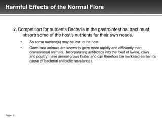 Harmful Effects of the Normal Flora


       2. Competition for nutrients Bacteria in the gastrointestinal tract must
               absorb some of the host's nutrients for their own needs.
           •      So some nutrient(s) may be lost to the host.
           •      Germ-free animals are known to grow more rapidly and efficiently than
                  conventional animals. Incorporating antibiotics into the food of swine, cows
                  and poultry make animal grows faster and can therefore be marketed earlier. (a
                  cause of bacterial antibiotic resistance).




Page  3
 