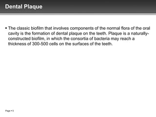 Dental Plaque


 The classic biofilm that involves components of the normal flora of the oral
  cavity is the formation of dental plaque on the teeth. Plaque is a naturally-
  constructed biofilm, in which the consortia of bacteria may reach a
  thickness of 300-500 cells on the surfaces of the teeth.




Page  5
 
