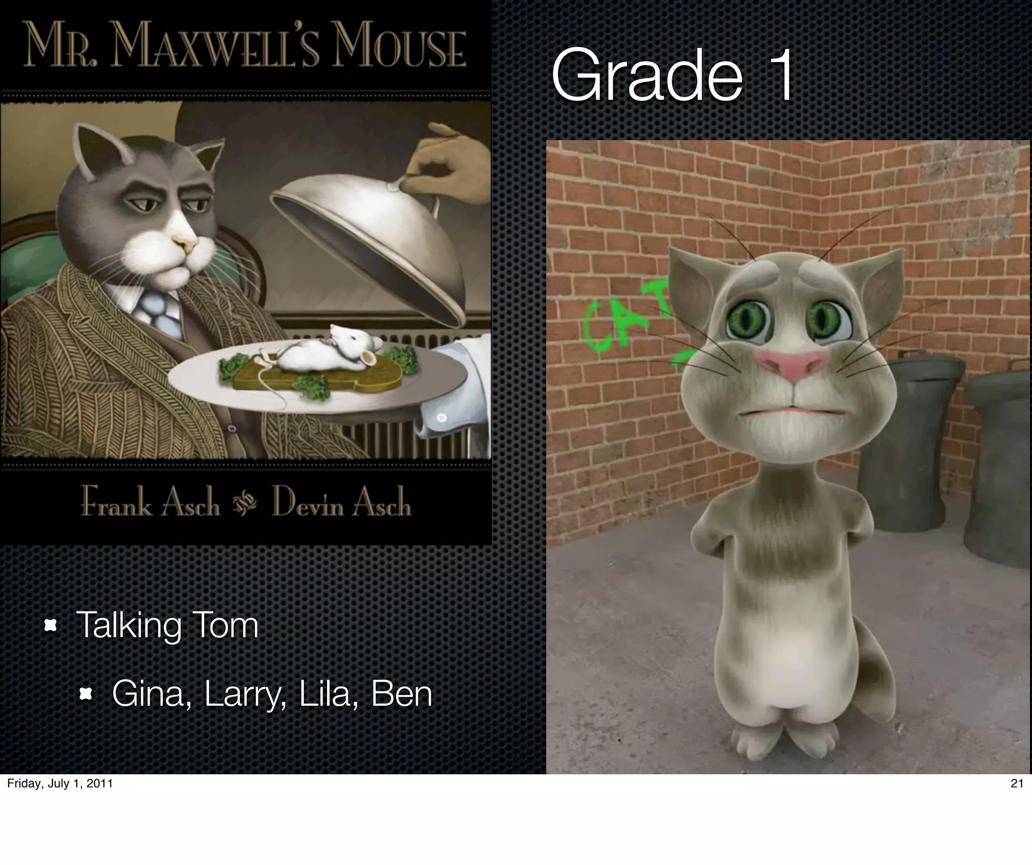 Grade 1




             Talking Tom
                   Gina, Larry, Lila, Ben

Friday, July 1, 2011                                  21
 