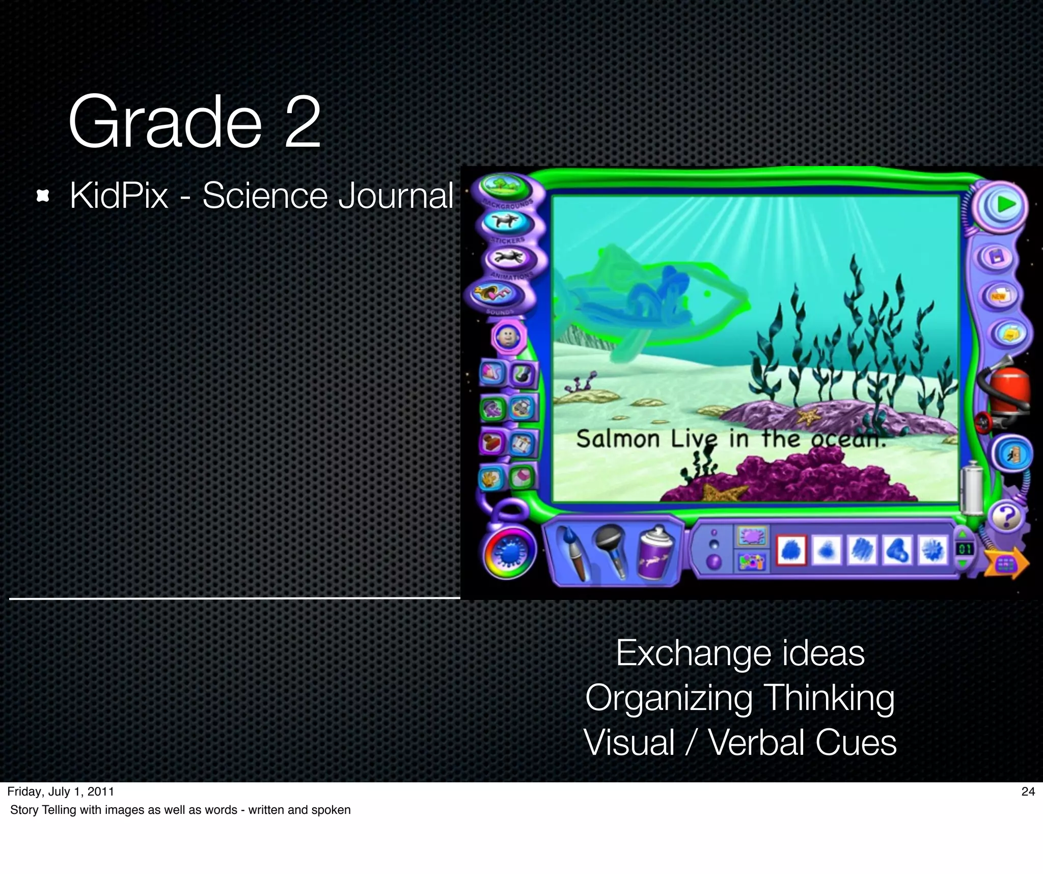 Grade 2
           KidPix - Science Journal




                                                                    Exchange ideas
                                                                  Organizing Thinking
                                                                  Visual / Verbal Cues
Friday, July 1, 2011                                                                     24
Story Telling with images as well as words - written and spoken
 