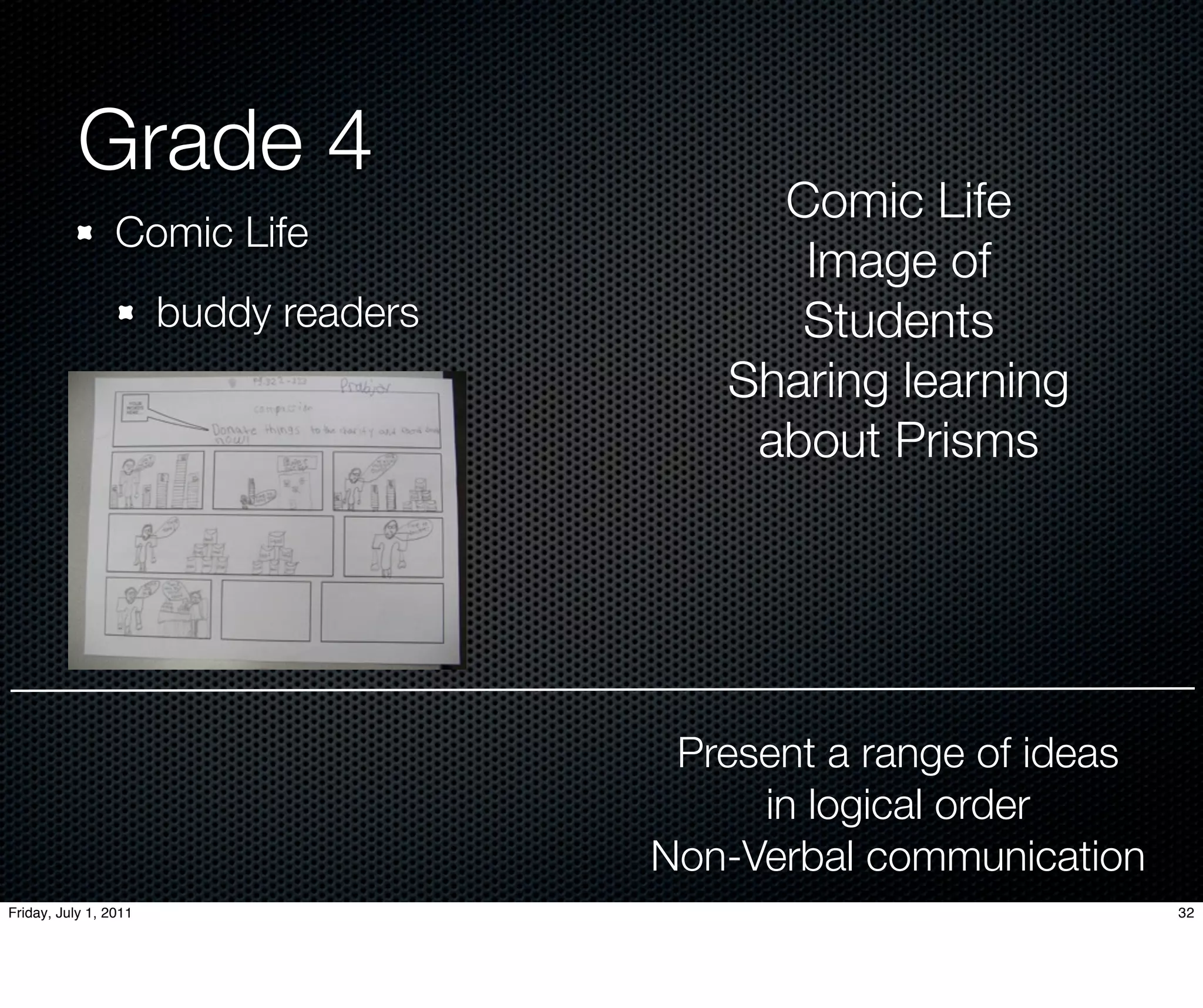 Grade 4
                                            Comic Life
                 Comic Life
                                             Image of
                       buddy readers         Students
                                          Sharing learning
                                           about Prisms




                                        Present a range of ideas
                                            in logical order
                                       Non-Verbal communication
Friday, July 1, 2011                                               32
 