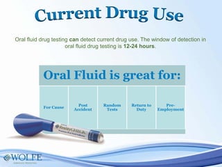 Oral fluid drug testing can detect current drug use. The window of detection in
oral fluid drug testing is 12-24 hours.
Oral Fluid is great for:
For Cause
Post
Accident
Random
Tests
Return to
Duty
Pre-
Employment
 