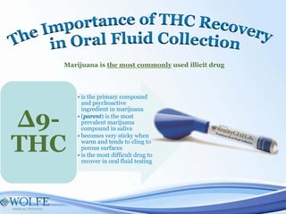 Marijuana is the most commonly used illicit drug
• is the primary compound
and psychoactive
ingredient in marijuana
• (parent) is the most
prevalent marijuana
compound in saliva
• becomes very sticky when
warm and tends to cling to
porous surfaces
• is the most difficult drug to
recover in oral fluid testing
Δ9-
THC
 