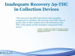 “The recovery of Δ9-THC from devices with absorbing
components is a problem. The recovery of Δ9-THC is not as
good as that of other analytes due to the absorption of Δ9
THC to the plastic and the absorptive compounds of the
device.”
*Langel, K., C. Engblom, et al. (2008). "Drug testing in oral fluid-
evaluation of sample collection devices." Journal of Analytical
Toxicology 32(6): 393-401.
Inadequate Recovery Δ9-THC
in Collection Devices
 