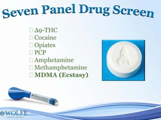 � Δ9-THC
� Cocaine
� Opiates
� PCP
� Amphetamine
� Methamphetamine
� MDMA (Ecstasy)
 