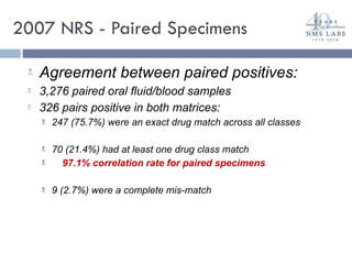 2007 NRS - Paired Specimens Agreement between paired positives: 3,276 paired oral fluid/blood samples 326 pairs positive in both matrices: 247 (75.7%) were an exact drug match across all classes 70 (21.4%) had at least one drug class match 97.1% correlation rate for paired specimens 9 (2.7%) were a complete mis-match 