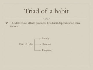 Triad of a habit
 The deleterious effects produced by a habit depends upon three
factors.
Triad of Habit
Frequency
Duration
Intesity
 