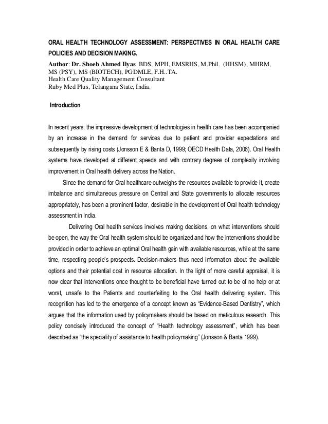 ORAL HEALTH TECHNOLOGY ASSESSMENT PERSPECTIVES IN ORAL HEALTH CARE