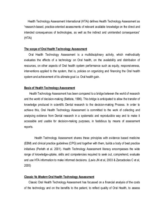 ORAL HEALTH TECHNOLOGY ASSESSMENT PERSPECTIVES IN ORAL HEALTH CARE