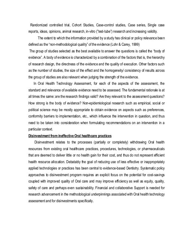 ORAL HEALTH TECHNOLOGY ASSESSMENT PERSPECTIVES IN ORAL HEALTH CARE