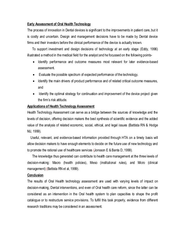 ORAL HEALTH TECHNOLOGY ASSESSMENT: PERSPECTIVES IN ORAL ...