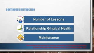 CONTINUOUS INSTRUCTION 
Number of Lessons 
Relationship Gingival Health 
Maintenance 
Psychological interventions to improve adherence to oral hygiene instructions 
in adults with periodontal diseases renz a et al cochrane library 2007 
 