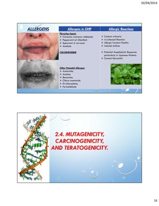 02/04/2014
16
ALLERGENS Allergens in OHP Allergic Reactions
Flavoring Agents
Cinnamon (cinnamic aldehyde)
Peppermint oil (Menthol)
Spearmint (L-carvone)
Anethole
CHLORHEXIDINE
Other Potential Allergens
Acetamide,
Azulene,
Benzoates,
Chloro-acetamide,
Di-chlorophene,
Formaldehyde
Contact urticaria
A Lichenoid Reaction
Allergic Contact Cheilitis
Induced Asthma
Potential Anaphylactic Responses
particularly In Japanese Patients.
Contact Dermatitis
2.4. MUTAGENICITY,
CARCINOGENICITY,
AND TERATOGENICITY.
 
