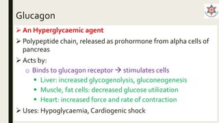 Glucagon
 An Hyperglycaemic agent
 Polypeptide chain, released as prohormone from alpha cells of
pancreas
 Acts by:
o Binds to glucagon receptor  stimulates cells
 Liver: increased glycogenolysis, gluconeogenesis
 Muscle, fat cells: decreased glucose utilization
 Heart: increased force and rate of contraction
 Uses: Hypoglycaemia,Cardiogenic shock
 