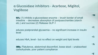 α Glucosidase inhibitors - Acarbose, Miglitol,
Voglibose
•M
OA: (1) inhibits α-glucosidase enzyme – brush border of small
intestine - decreases absorption of poolysaccharides (starch
etc.) and sucrose (2) Release GLP-1
•R
educes postprandial glycaemia – no significant increase in insulin
level
•R
educes HbA1c level - but no effect on weight and lipid levels
•A
DRs: Flatulence, abdominal discomfort, loose stool – unabsorbed
carbohydrate, poor patient compliance
•U
 