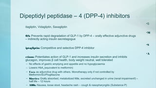Dipeptidyl peptidase – 4 (DPP-4) inhibitors
•S
itagliptin, Vidagliptin, Saxagliptin
•M
OA: Prevents rapid degradation of GLP-1 by DPP-4 – orally effective adjunctive drugs
– indirectly acting insulin secretagogue
•S
iptagliptin: Competitive and selective DPP-4 inhibitor
•A
ctions: Potentiates action of GLP-1 and increases insulin secretion and inhibits
glucagon, improves β cell health, body weight neutral, well tolerated
– No effects of gastric emptying and appetite and no hypoglycaemia
– Lowers HbA1c (equivalent to metformin)
– Uses: as adjunctive drug with others. Monotherapy only if not controlled by
Metformin/SU/Pioglitazone
– Kinetics: Orally absorbed, metabolized little, excreted unchanged in urine (renal impairment!) –
half life – 12 hours
– ADRs: Nausea, loose stool, headache rash – cough & nasopharyngitis (Substance P)
 
