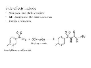 Side effects include
• Skin rashes and photosensitivity
• GIT disturbances like nausea, anorexia
• Cardiac dysfunction
4-methyl benzene sulfonamide
Butyloxy cyanide
 