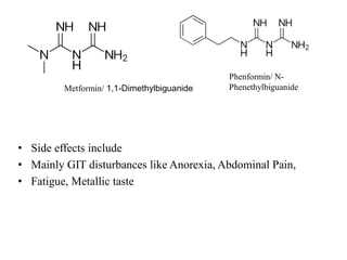 • Side effects include
• Mainly GIT disturbances like Anorexia, Abdominal Pain,
• Fatigue, Metallic taste
Metformin/ 1,1-Dimethylbiguanide
Phenformin/ N-
Phenethylbiguanide
 