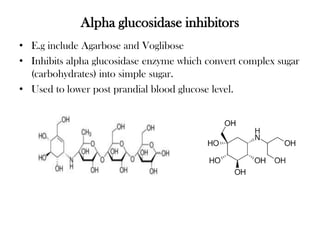 Alpha glucosidase inhibitors
• E.g include Agarbose and Voglibose
• Inhibits alpha glucosidase enzyme which convert complex sugar
(carbohydrates) into simple sugar.
• Used to lower post prandial blood glucose level.
 