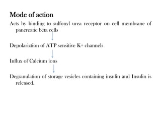 Mode of action
Acts by binding to sulfonyl urea receptor on cell membrane of
pancreatic beta cells
Depolariztion of ATP sensitive K+ channels
Influx of Calcium ions
Degranulation of storage vesicles containing insulin and Insulin is
released.
 