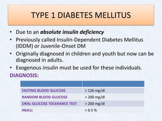 TYPE 1 DIABETES MELLITUS
• Due to an absolute insulin deficiency
• Previously called Insulin-Dependent Diabetes Mellitus
(IDDM) or Juvenile-Onset DM
• Originally diagnosed in children and youth but now can be
diagnosed in adults.
• Exogenous insulin must be used for these individuals.
DIAGNOSIS:
Accounts for 5-10% of all diabetes cases
FASTING BLOOD GLUCOSE > 126 mg/dl
RANDOM BLOOD GLUCOSE > 200 mg/dl
ORAL GLUCOSE TOLERANCE TEST > 200 mg/dl
HbA1c > 6.5 %
 