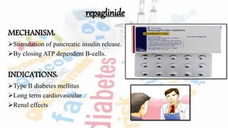 repaglinide
MECHANISM:
Stimulation of pancreatic insulin release.
By closing ATP dependent B-cells.
INDICATIONS:
Type II diabetes mellitus
Long term cardiovascular
Renal effects
 