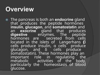 Overview
◉ The pancreas is both an endocrine gland
that produces the peptide hormones
insulin, glucagon, and somatostatin and
an exocrine gland that produces
digestive enzymes. The peptide
hormones are secreted from cells
located in the islets of Langerhans (
β
cells produce insulin, α cells produce
glucagon, and δ cells produce
somatostatin). These hormones play an
important role in regulating the
metabolic activities of the body,
particularly the homeostasis of blood
glucose.
 