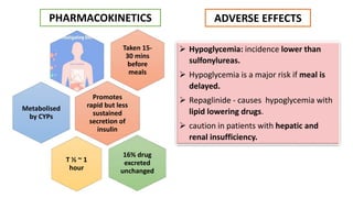  Hypoglycemia: incidence lower than
sulfonylureas.
 Hypoglycemia is a major risk if meal is
delayed.
 Repaglinide - causes hypoglycemia with
lipid lowering drugs.
 caution in patients with hepatic and
renal insufficiency.
Taken 15-
30 mins
before
meals
T ½ ~ 1
hour
Metabolised
by CYPs
16% drug
excreted
unchanged
Promotes
rapid but less
sustained
secretion of
insulin
PHARMACOKINETICS ADVERSE EFFECTS
 