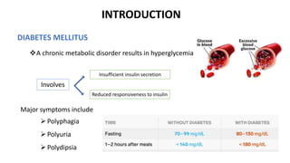 INTRODUCTION
DIABETES MELLITUS
A chronic metabolic disorder results in hyperglycemia
Involves
Insufficient insulin secretion
Reduced responsiveness to insulin
Major symptoms include
Polyphagia
Polyuria
Polydipsia
 