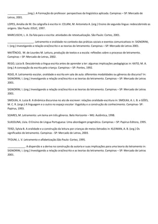 ______________(org.). A Formação do professor: perspectivas da lingüística aplicada. Campinas – SP: Mercado de
Letras, 2001.
LOPES, Amália de M. Da caligrafia à escrita in: CELANI, M. Antonieta A. (org.) Ensino de segunda língua: redescobrindo as
origens. São Paulo: EDUC, 1997.
MARCUSCHI, L. A. Da fala para a escrita: atividades de retextualização. São Paulo: Cortez, 2001.
__________________. Letramento e oralidade no contexto das práticas sociais e eventos comunicativos in: SIGNORINI,
I. (org.) Investigando a relação oral/escrito e as teorias do letramento. Campinas – SP: Mercado de Letras 2001.
MATÊNCIO, M. de Lourdes M. Leitura, produção de textos e a escola: reflexões sobre o processo de letramento.
Campinas – SP: Mercado de Letras, 2002.
REGO, Lúcia B. Descobrindo a língua escrita antes de aprender a ler: algumas implicações pedagógicas in: KATO, M. A.
(org.) A concepção da escrita pela criança. Campinas – SP: Pontes, 1992.
ROJO, R. Letramento escolar, oralidade e escrita em sala de aula: diferentes modalidades ou gêneros do discurso? In:
SIGNORINI, I. (org.) Investigando a relação oral/escrito e as teorias do letramento. Campinas – SP: Mercado de Letras
2001.
SIGNORINI, I. (org.) Investigando a relação oral/escrito e as teorias do letramento. Campinas – SP: Mercado de Letras
2001.
SMOLKA, A. Luiza B. A dinâmica discursiva no ato de escrever: relações oralidade-escritura in: SMOLKA, A. L. B. e GÓES,
M. C. R. (orgs.) A linguagem e o outro no espaço escolar: Vygotsky e a construção do conhecimento. Campinas- SP:
Papirus, 1993.
SOARES, M. Letramento: um tema em três gêneros. Belo Horizonte – MG: Autêntica, 1998.
SUASSUNA, Lívia. O Ensino de Língua Portuguesa: Uma abordagem pragmática. Campinas – SP: Papirus Editora, 1995.
TERZI, Sylvia B. A oralidade e a construção da leitura por crianças de meios iletrados in: KLEIMAN, A. B. (org.) Os
significados do letramento. Campinas - SP: Mercado de Letras, 2003.
TFOUNI, L. V. Letramento e alfabetização.São Paulo: Cortez, 1995.
____________. A dispersão e a deriva na construção da autoria e suas implicações para uma teoria do letramento in:
SIGNORINI, I. (org.) Investigando a relação oral/escrito e as teorias do letramento. Campinas – SP: Mercado de Letras
2001.
 