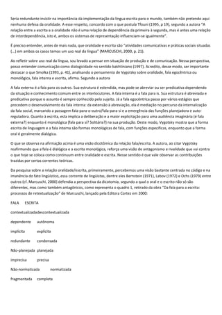 Seria redundante insistir na importância da implementação da língua escrita para o mundo, também não pretendo aqui
nenhuma defesa da oralidade. A esse respeito, concordo com o que postula Tfouni (1995, p 19), segundo a autora “A
relação entre a escrita e a oralidade não é uma relação de dependência da primeira à segunda, mas é antes uma relação
de interdependência, isto é, ambos os sistemas de representação influenciam-se igualmente”.
É preciso entender, antes de mais nada, que oralidade e escrita são “atividades comunicativas e práticas sociais situadas
(...) em ambos os casos temos um uso real da língua” (MARCUSCHI, 2000, p. 21).
Ao refletir sobre uso real da língua, sou levado a pensar em situação de produção e de comunicação. Nessa perspectiva,
posso entender comunicação como dialogicidade no sentido bakhtiniano (1997). Acredito, desse modo, ser importante
destacar o que Smolka (1993, p. 41), analisando o pensamento de Vygotsky sobre oralidade, fala egocêntrica ou
monológica, fala interna e escrita, afirma. Segundo a autora
A fala externa é a fala para os outros. Sua estrutura é estendida, mas pode se abreviar ou ser predicativa dependendo
da situação e conhecimento comum entre os interlocutores. A fala interna é a fala para is. Sua estrutura é abreviada e
predicativa porque o assunto é sempre conhecido pelo sujeito. Já a fala egocêntrica passa por vários estágios que
precedem o desenvolvimento da fala interna: da extensão à abreviação, ela é mediação no percurso da internalização
da fala social, marcando a passagem fala-para-o-outro/fala-para-si e a emergência das funções planejadora e auto-
reguladora. Quanto à escrita, esta implica a deliberação e a maior explicitação para uma audiência imaginária (é fala
externa?) enquanto é monológica (fala para si? Solitária?) na sua produção. Deste modo, Vygotsky mostra que a forma
escrita de linguagem e a fala interna são formas monológicas de fala, com funções específicas, enquanto que a forma
oral é geralmente dialógica.
O que se observa na afirmação acima é uma visão dicotômica da relação fala/escrita. A autora, ao citar Vygotsky
reafirmando que a fala é dialógica e a escrita monológica, reforça uma visão de antagonismo e rivalidade que vai contra
o que hoje se coloca como continuum entre oralidade e escrita. Nesse sentido é que vale observar as contribuições
trazidas por certas correntes teóricas.
Da pesquisa sobre a relação oralidade/escrita, primeiramente, percebemos uma visão bastante centrada no código e na
imanência do fato lingüístico, essa corrente de lingüistas, dentre eles Bernstein (1971), Labov (1972) e Ochs (1979) entre
outros (cf. Marcuschi, 2000) defendia a perspectiva da dicotomia, segundo a qual o oral e o escrito não só são
diferentes, mas como também antagônicos, como representa o quadro 1, retirado da obra “Da fala para a escrita:
processos de retextualização” de Marcuschi, lançado pela Editora Cortez em 2000:
FALA ESCRITA
contextualizadadescontextualizada
dependente autônoma
implícita explícita
redundante condensada
Não-planejada planejada
imprecisa precisa
Não-normatizada normatizada
fragmentada completa
 