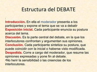 Estructura del DEBATE
:
Introducción. En ella el moderador presenta a los
participantes y expone el tema que se va a debatir
Exposición inicial. Cada participante enuncia su postura
acerca del tema.
Discusión. Es la parte central del debate, en la que los
interlocutores confrontan y argumentan sus opiniones.
Conclusión. Cada participante sintetiza su postura, que
puede coincidir con la inicial o haberse visto modificada.
Despedida. Corre a cargo del moderador, que resume las
opiniones expresadas y pone fin al debate.
•No herir la sensibilidad o las creencias de los
interlocutores.
 