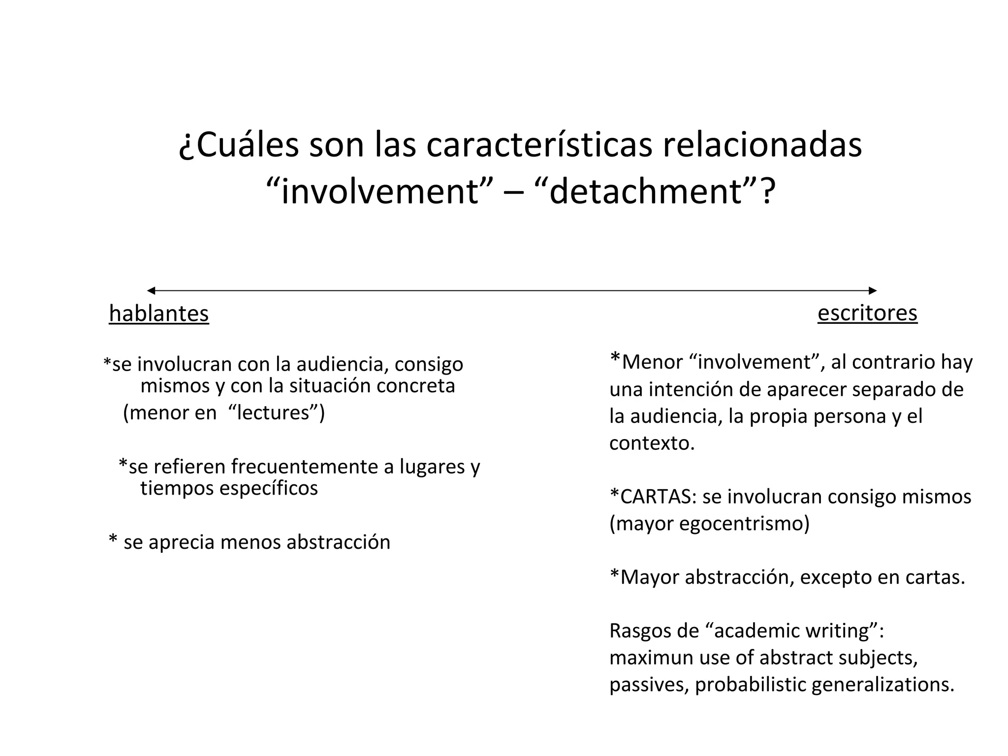 ¿Cuáles son las características relacionadas
“involvement” – “detachment”?
*se involucran con la audiencia, consigo
mismos y con la situación concreta
(menor en “lectures”)
*se refieren frecuentemente a lugares y
tiempos específicos
* se aprecia menos abstracción
*Menor “involvement”, al contrario hay
una intención de aparecer separado de
la audiencia, la propia persona y el
contexto.
*CARTAS: se involucran consigo mismos
(mayor egocentrismo)
*Mayor abstracción, excepto en cartas.
Rasgos de “academic writing”:
maximun use of abstract subjects,
passives, probabilistic generalizations.
hablantes escritores
 